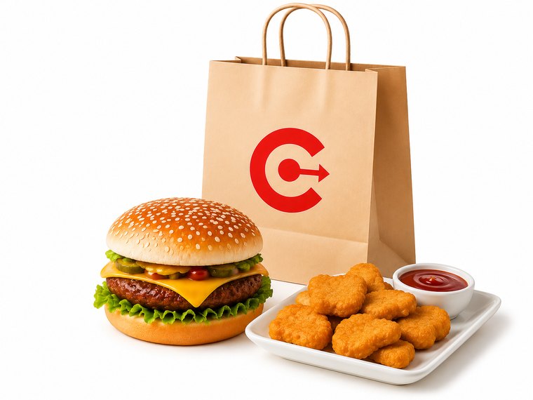 Hamburguesa, nuggets y bolsa de ComidaConce